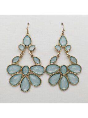 Gold Tone Teardrop Dangle Earrings With Light Blue Faceted Stones